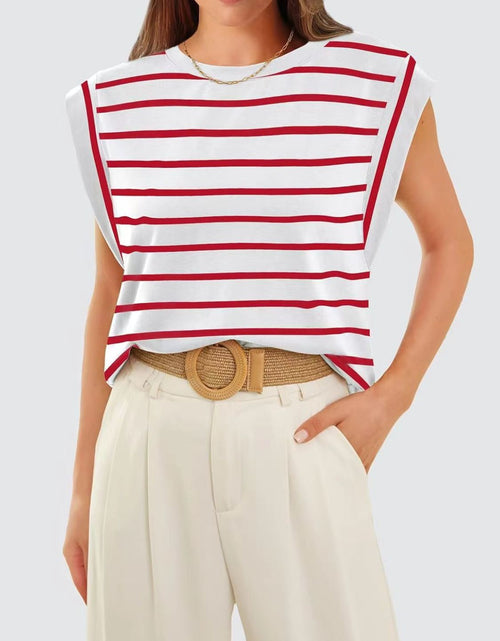 Load image into Gallery viewer, Florira Striped Round Neck Cap Sleeve T-Shirt
