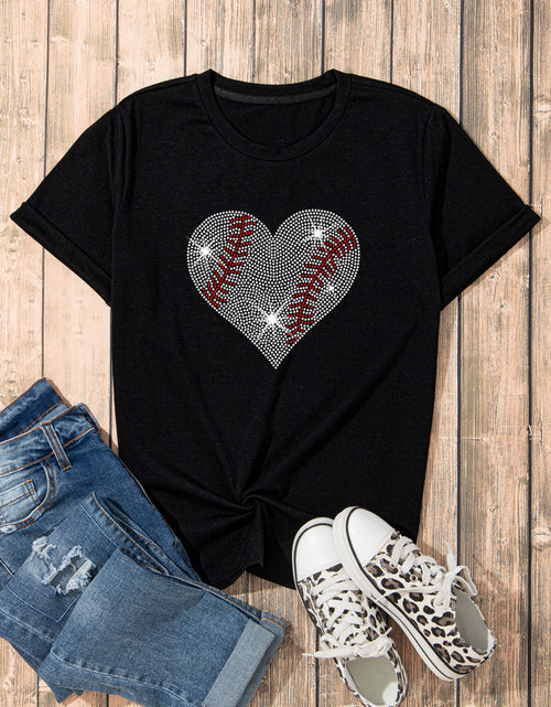 Load image into Gallery viewer, Rhinestone Heart Round Neck Short Sleeve T-Shirt
