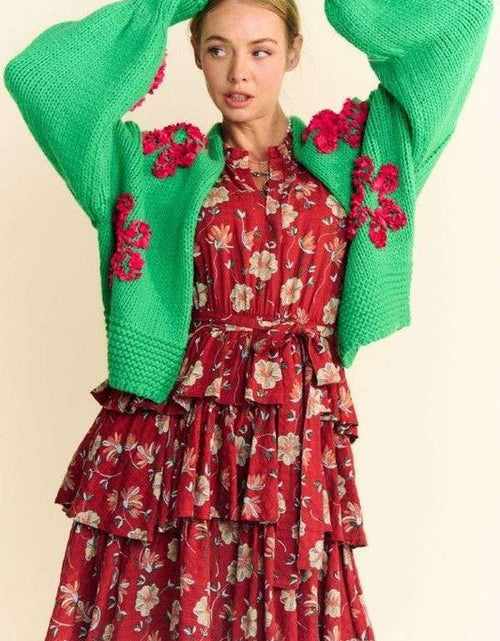 Load image into Gallery viewer, Davi &amp; Dani Floral Applique Open Front Drop Shoulder Cardigan
