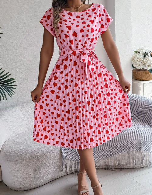 Load image into Gallery viewer, Heart Print Short Sleeve Tie Waist Dress
