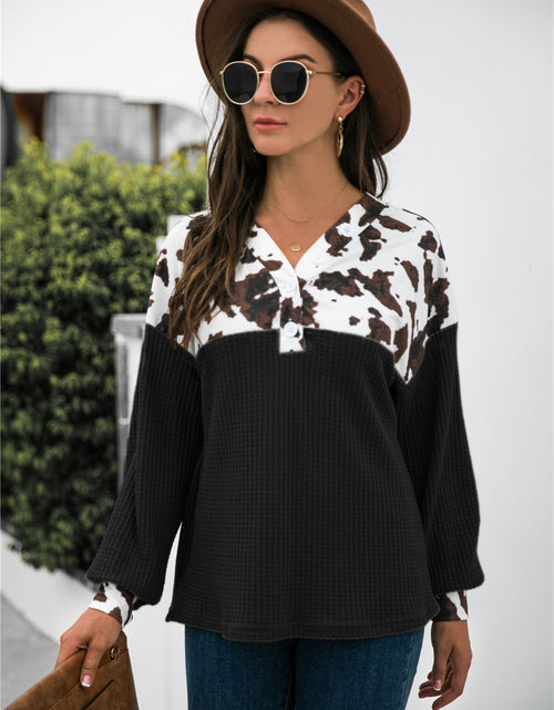 Load image into Gallery viewer, Animal Print Color Block Waffle-Knit Top
