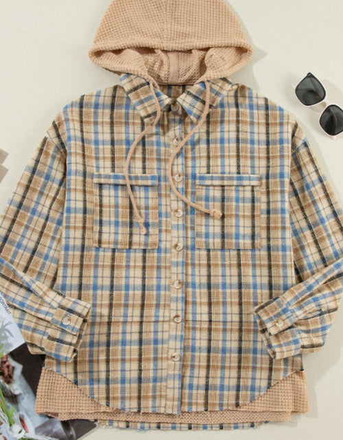 Load image into Gallery viewer, Drawstring Waffle Knit Patchwork Hooded Plaid Shacket
