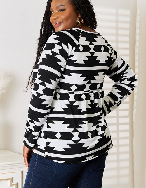 Load image into Gallery viewer, Heimish Full Size Geometric Notched Neck Long Sleeve Top
