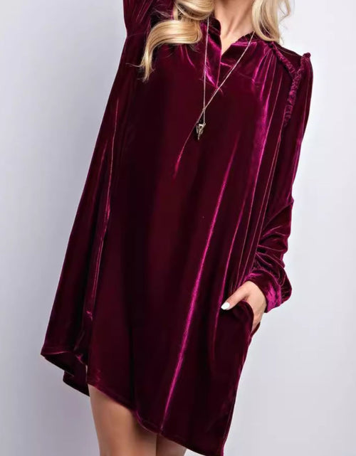 Load image into Gallery viewer, Frill Notched Long Sleeve Dress with Pockets
