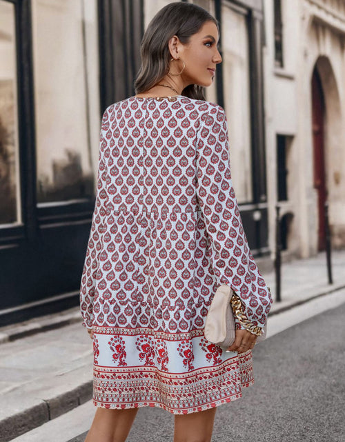Load image into Gallery viewer, Printed Tie Neck Long Sleeve Dress
