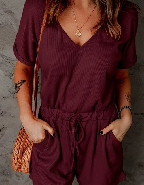 Load image into Gallery viewer, Full Size Drawstring V-Neck Short Sleeve Romper
