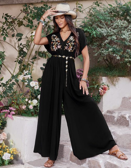 Load image into Gallery viewer, Embroidered Ruched Short Sleeve Jumpsuit

