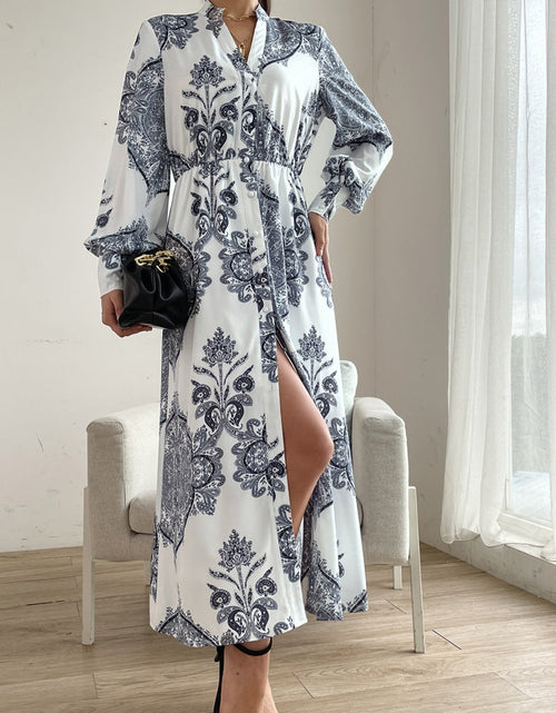 Load image into Gallery viewer, Printed Notched Lantern Sleeve Midi Dress
