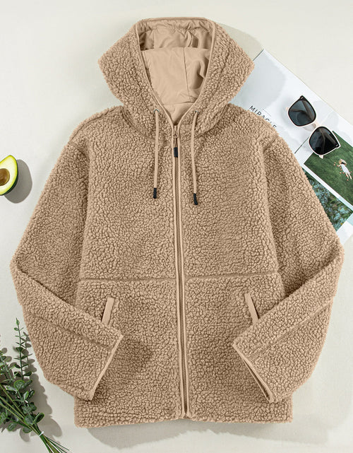 Load image into Gallery viewer, Drawstring Fleece Zip Up Hooded Jacket
