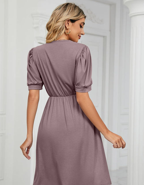 Load image into Gallery viewer, Contrast V-Neck Puff Sleeve Pocket Dress
