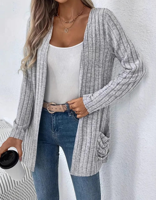 Load image into Gallery viewer, Ribbed Open Front Long Sleeve Cardigan with Pockets
