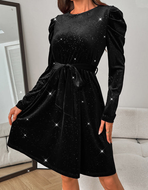 Load image into Gallery viewer, Glitter Round Neck Puff Sleeve Dress
