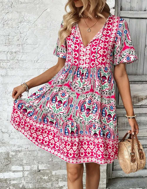 Load image into Gallery viewer, Printed Tie Neck Short Sleeve Dress
