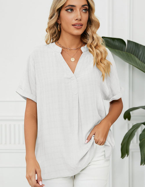 Load image into Gallery viewer, Side Slit Notched Neck Cuffed Short Sleeve Blouse
