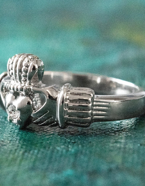 Load image into Gallery viewer, Antique Dainty Claddagh Ring Clear Swarovski Crystal 18k Irish Gold Womans Jewelry Claddagh Rings R3443 by PVD Vintage Jewelry
