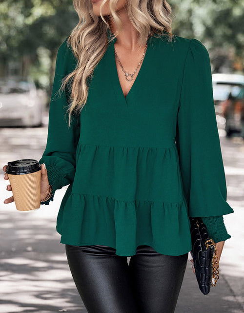 Load image into Gallery viewer, Perfee Notched Neck Lantern Sleeve Blouse
