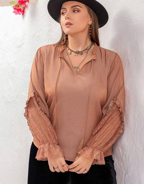 Load image into Gallery viewer, Plus Size Tie Neck Flounce Sleeve Blouse
