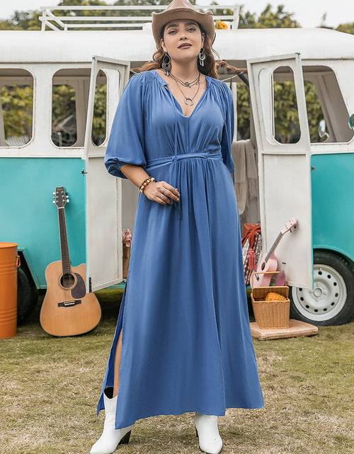Load image into Gallery viewer, Plus Size Ruched Slit Three-Quarter Sleeve Midi Dress
