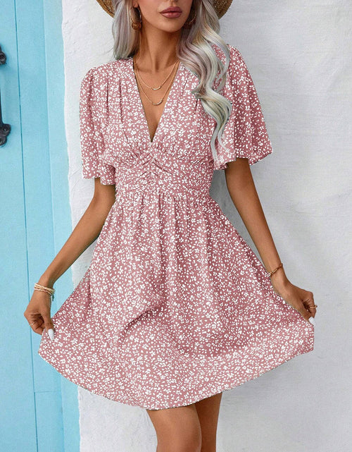Load image into Gallery viewer, Printed V-Neck Half Sleeve Mini Dress
