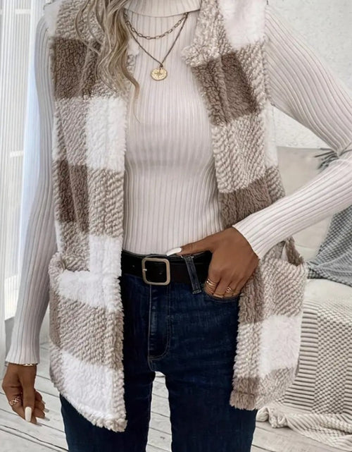 Load image into Gallery viewer, Sherpa Plaid Open Front Vest Coat
