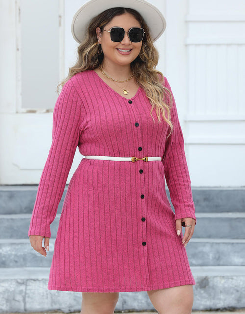 Load image into Gallery viewer, Plus Size Ribbed Buttoned V-Neck Long Sleeve Dress
