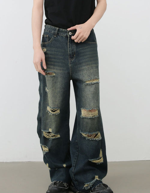 Load image into Gallery viewer, Men's Frayed Hem Distressed Wide Leg Jeans
