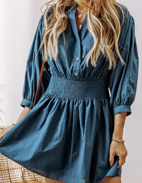 Load image into Gallery viewer, Smocked Half Button Three-Quarter Sleeve Mini Dress

