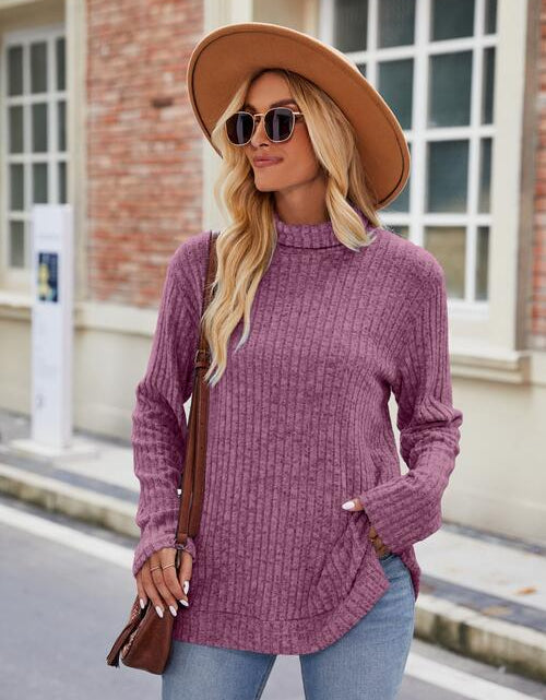 Load image into Gallery viewer, Ribbed Turtleneck Long Sleeve Slit Knit Top
