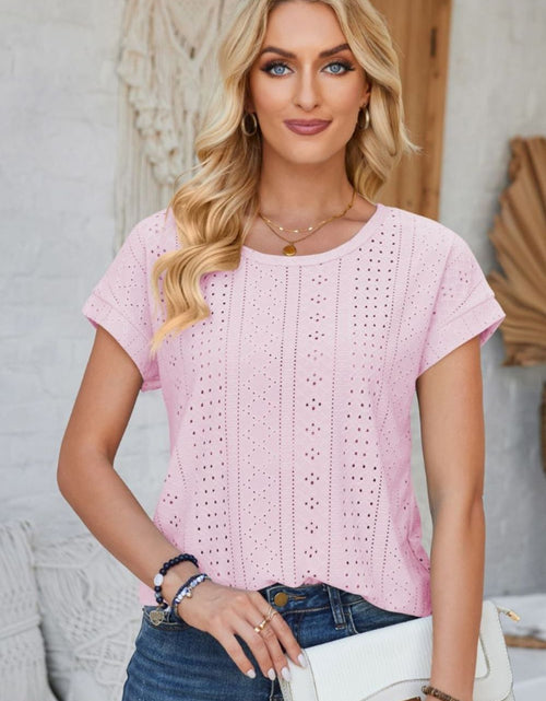 Load image into Gallery viewer, Eyelet Round Neck Rolled Short Sleeve T-Shirt
