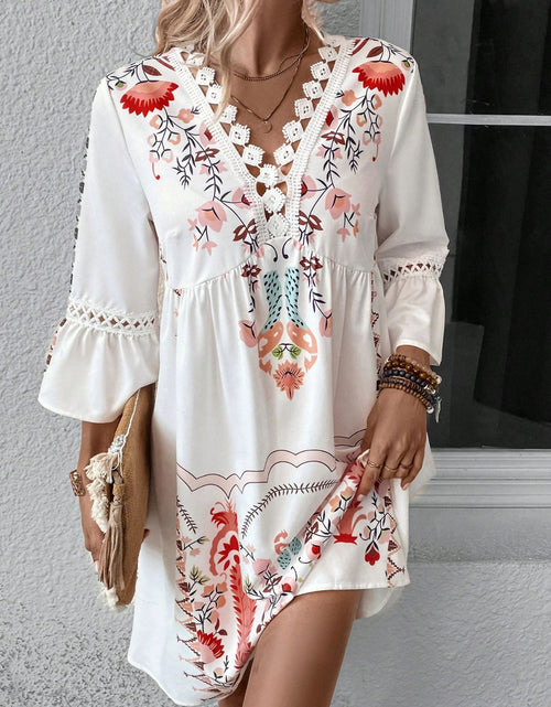 Load image into Gallery viewer, Lace Detail Printed Three-Quarter Sleeve Dress
