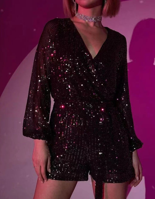 Load image into Gallery viewer, Full Size Sequin Surplice Tie Waist Long Sleeve Romper
