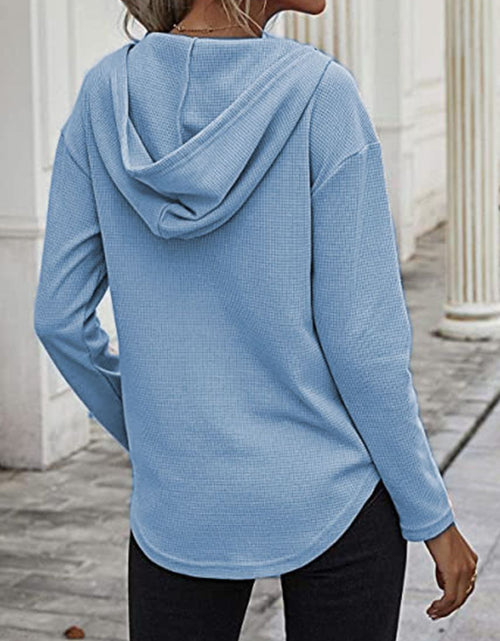 Load image into Gallery viewer, Drawstring Waffle Knit Long Sleeve Hooded Top

