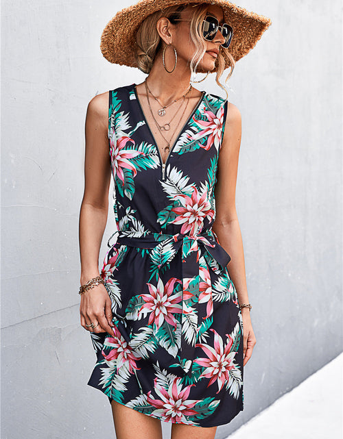 Load image into Gallery viewer, Printed Zip Detail Belted Sleeveless Dress

