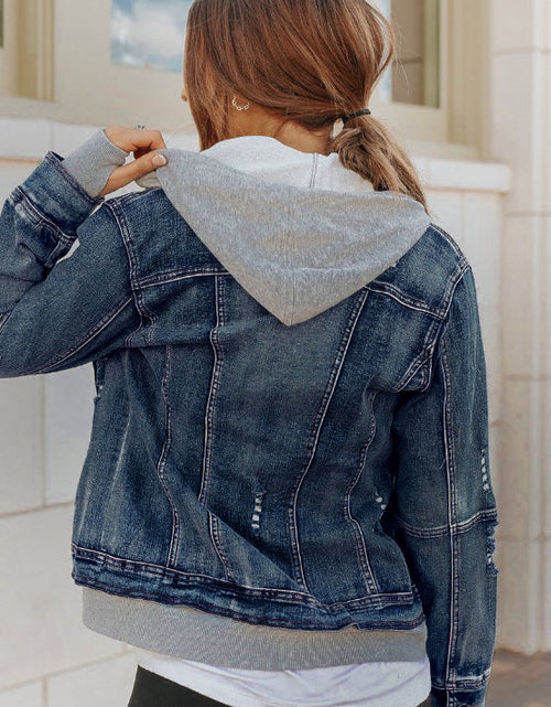 Load image into Gallery viewer, Fake Two-Piece Hooded Zip-Up Denim Jacket
