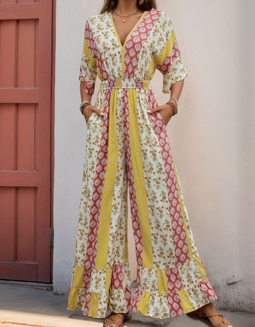 Load image into Gallery viewer, Perfee Ruffled Hem Printed V-Neck Jumpsuit
