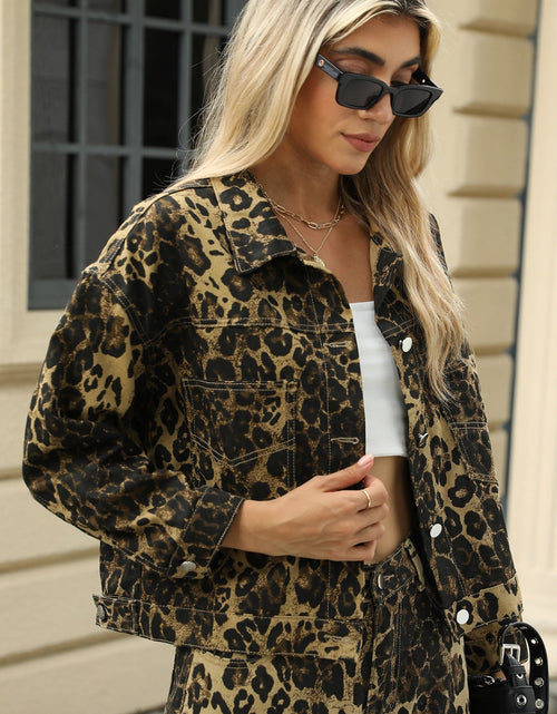 Load image into Gallery viewer, Pocketed Leopard Long Sleeve Denim Jacket
