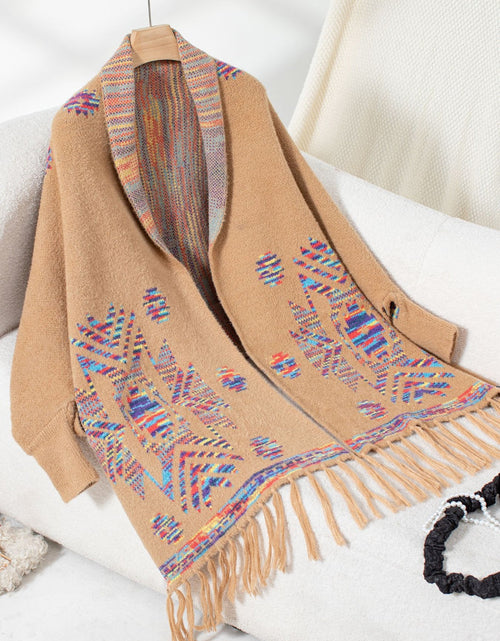 Load image into Gallery viewer, Fringe Geometric Open Front Long Sleeve Cape
