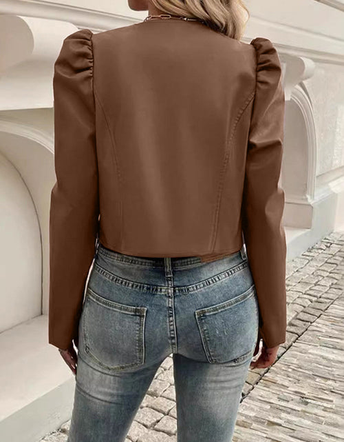 Load image into Gallery viewer, PU Leather Open Front Puff Sleeve Jacket

