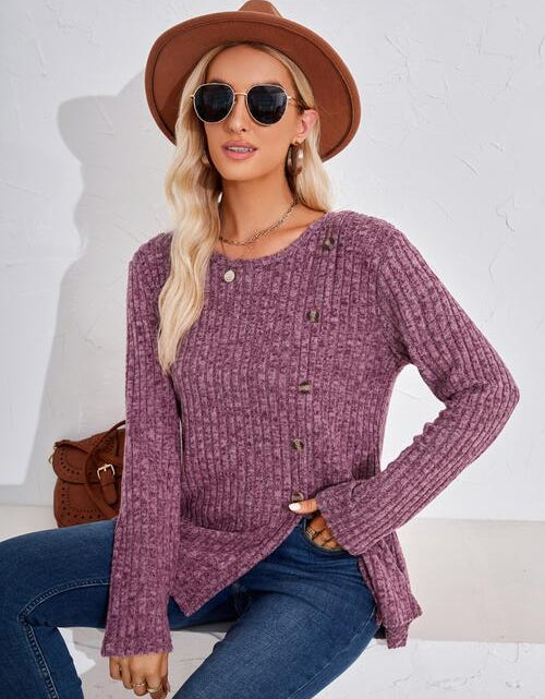 Load image into Gallery viewer, Ribbed Buttoned Round Neck Slit T-Shirt
