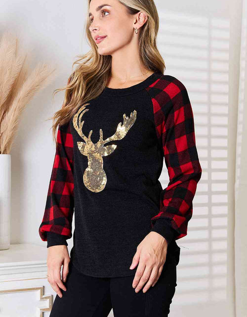 Load image into Gallery viewer, Heimish Full Size Sequin Reindeer Graphic Plaid Top
