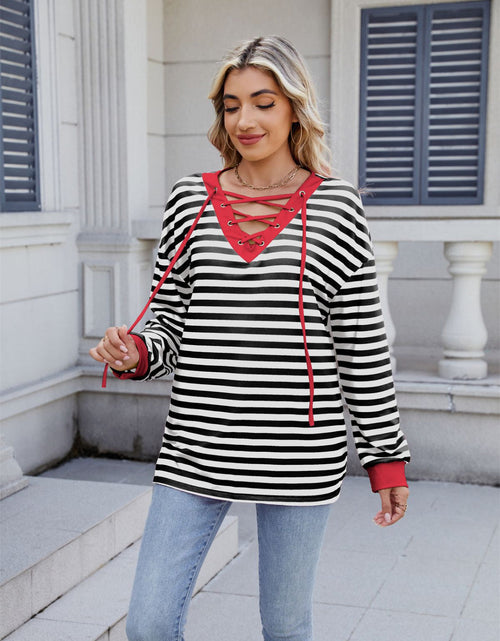 Load image into Gallery viewer, Lace-Up Striped Long Sleeve T-Shirt
