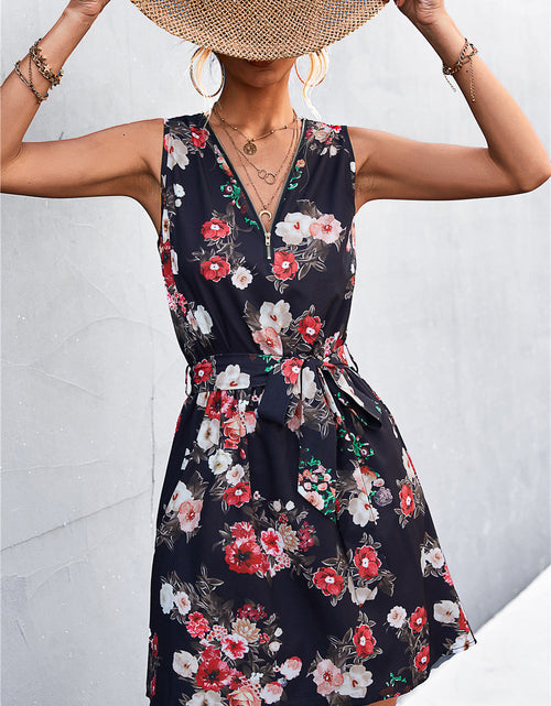Load image into Gallery viewer, Printed Zip Detail Belted Sleeveless Dress
