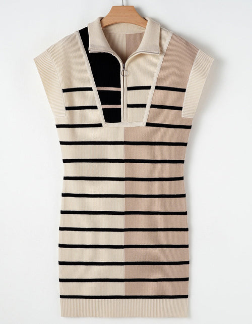 Load image into Gallery viewer, Striped Quarter Zip Cap Sleeve Sweater Dress
