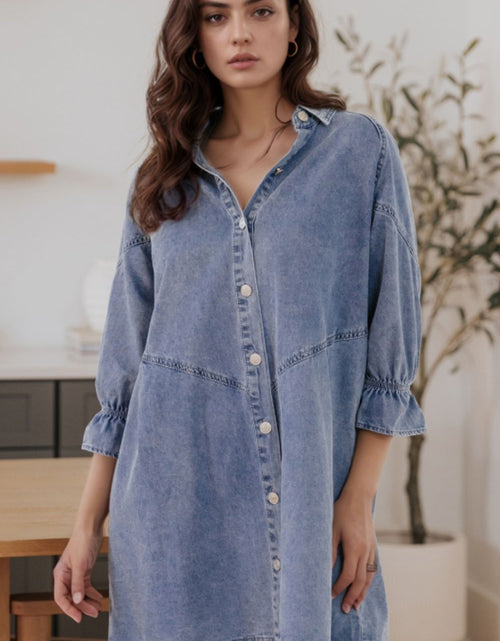 Load image into Gallery viewer, Distressed Collared Neck Flounce Sleeve Denim Dress
