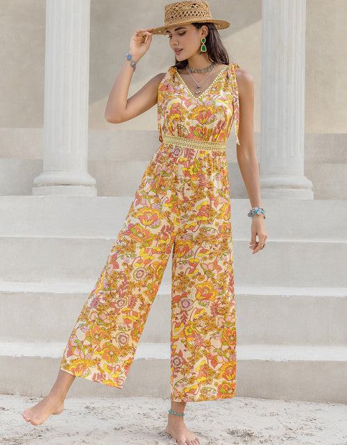 Load image into Gallery viewer, Printed V-Neck Tie Shoulder Jumpsuit
