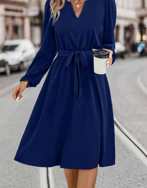 Load image into Gallery viewer, Tie Waist Notched Neck Long Sleeve Dress
