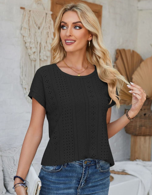 Load image into Gallery viewer, Eyelet Round Neck Rolled Short Sleeve T-Shirt
