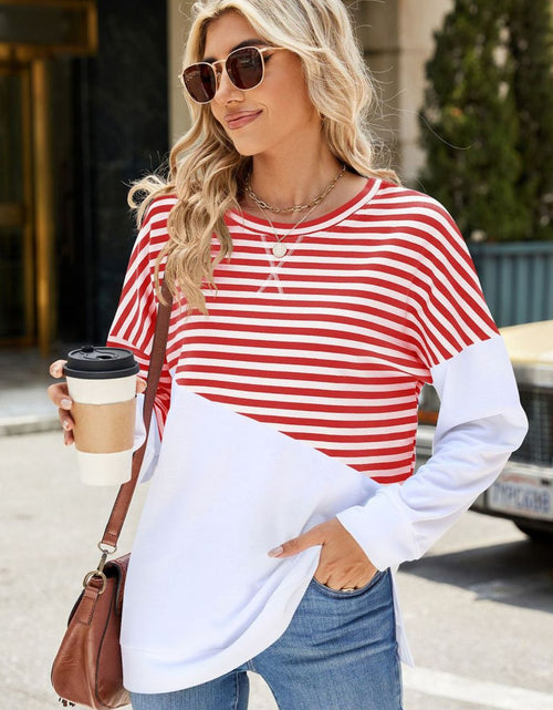 Load image into Gallery viewer, Slit Contrast Striped Long Sleeve Sweatshirt
