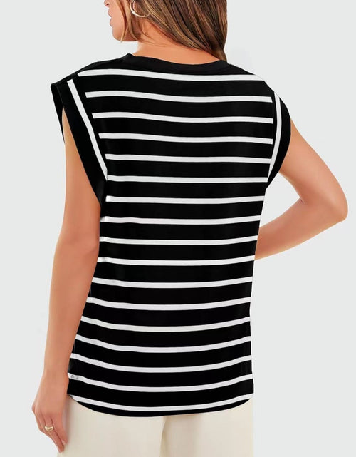 Load image into Gallery viewer, Florira Striped Round Neck Cap Sleeve T-Shirt
