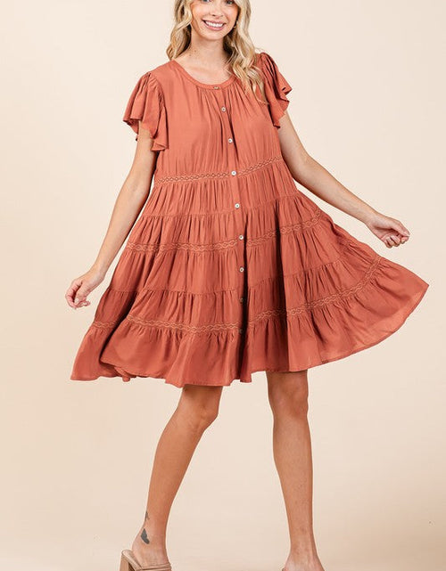 Load image into Gallery viewer, Mittoshop Lace Detail Ruffled Button Down Tiered Dress
